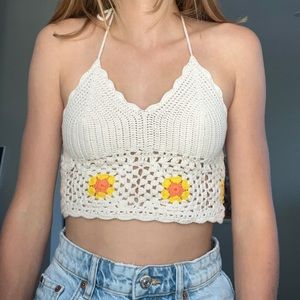 Aerie white crochet cropped halter tanktop with yellow and orange flowers